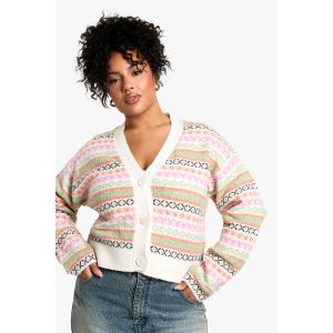 "Plus" Pastel Cardigan Tricoté À Coupe Boxy Inspiré De Fair Isle Aux Tons Pastel - Multicolore - 54, Multicolore