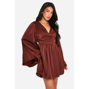 Robe Skater En Satin À Manches Évasées Extrêmes - Marron Chocolat - 36, Marron Chocolat