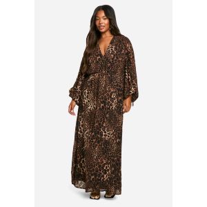 Robe Maxi À Imprimé Léopard Et Manches Style Blouse Froncée - Leopard - 50, Leopard