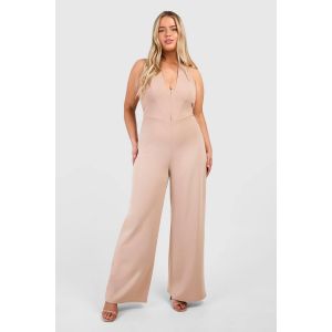 "Plus" Scuba Crêpe Corset À Détails Œil Et Crochet, Encolure Halter, Combinaison À Jambes Larges - Marron Sable - 48, Marron Sable