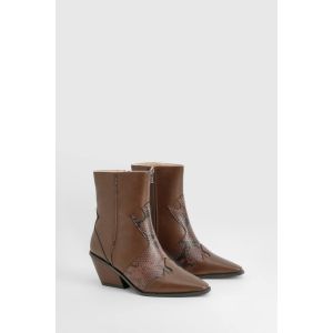Wide Fit Snakeskin Detail Western Boot - Marron Chocolat - 38, Marron Chocolat