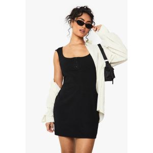 Robe Mini À Col Rond Côtelé Boutonné À L'Avant Et Manches Courtes - Noir - 44, Noir
