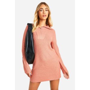 Soft Rib Knit Half Zip Collar Jumper Dress - Orange Corail - M, Orange Corail