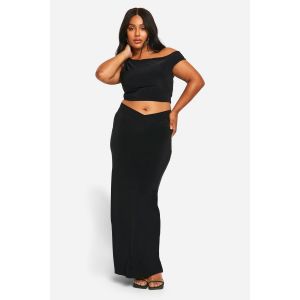 "Plus" Double Slinky Haut À Épaules Tombantes & Jupe Maxi À Ceinture En V Coordonné - Noir - 54, Noir