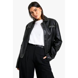 "Tall" Vintage Look Faux Leather Zip Jacket - Noir - 42, Noir