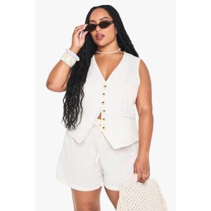 Ensemble De Gilet Et Short Effet Lin En Grande Taille - Marron Camel - 54, Marron Camel