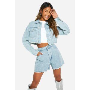 Diamante Hot Fix Veste En Denim Crop À Ourlet Effiloché - Bleu Clair - 34, Bleu Clair