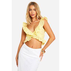 Crop Top Plongeant À Broderie Et Volants - Citron - 40, Citron