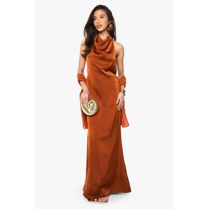 Robe Maxi En Satin Avec Foulard En Chiffon - Orange Rouille - 44, Orange Rouille