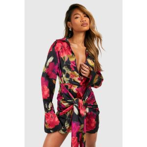 Robe Chemise Fleurie À Nouer - Noir - 40, Noir