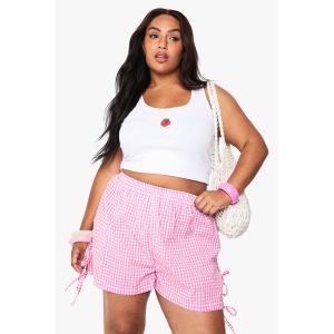 Short "Plus" En Vichy Avec Noeud Latéral Et Volant - Rose - 46, Rose