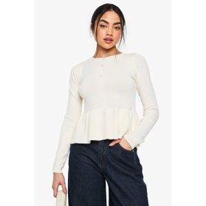 Cardigan Tricoté À Taille Cintrée Et Peplum - Blanc Cassé - M, Blanc Cassé