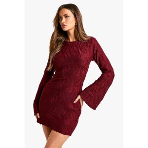 Robe Mini Texturée À Manches Flare - Rouge Vin - 44, Rouge Vin