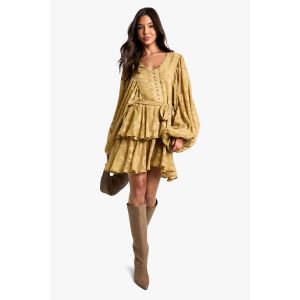 Robe Patineuse À Jacquard Floral À Étages Ceinturée - Vert Kaki - 44, Vert Kaki