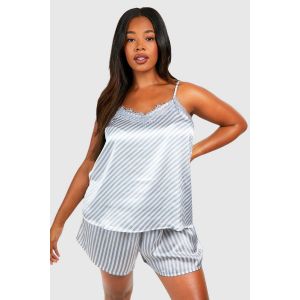 Grande Taille - Ensemble De Pyjama Satiné À Bordure En Dentelle - Gris - 22, Gris