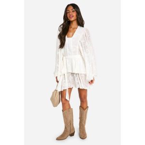 Robe Patineuse À Étages En Jacquard Floral Ceinturée - Blanc Cassé - 42, Blanc Cassé