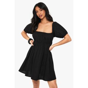 "Petite" Robe Mini Smock En Lin Aux Manches Bouffantes - Noir - 40, Noir