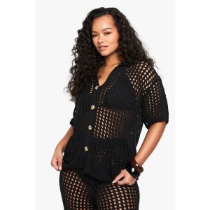 "Plus" Beach Knit Button Down Shirt - Noir - 44, Noir