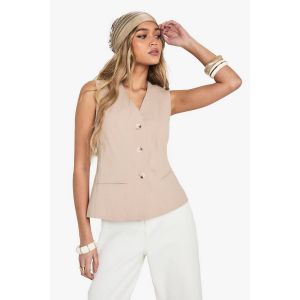 Gilet Ajusté À L'Aspect Lin Boutonné - Gris Pierre - 40, Gris Pierre