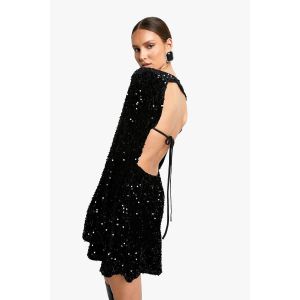 Robe Chemise En Velours À Sequins Avec Dos Noué - Noir - 46, Noir