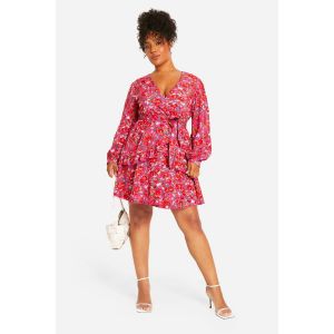 "Plus" Floral Ruffle Wrap Skater Dress - Rose - 56, Rose