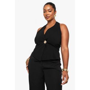Gilet Portefeuille À Encolure Halter Et Bouton Doré - Noir - 50, Noir