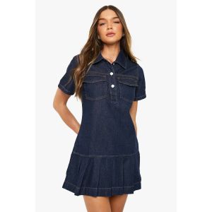 Robe En Denim Plissée - Bleu Indigo - 34, Bleu Indigo