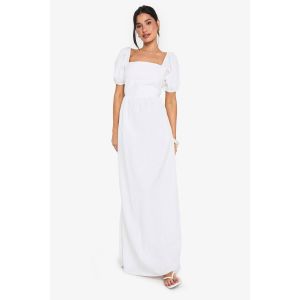 Robe Maxi Longue En Lin À Manches Bouffantes - Blanc - 38, Blanc