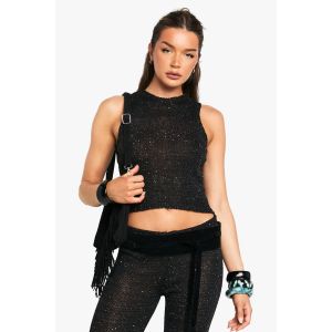 Top Tricoté Transparent À Sequins, Encolure Haute, Modèle Racer - Noir - L, Noir