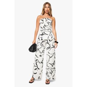 Pantalon À Jambes Larges, Look Lin Floral Abstrait - Blanc Cassé - 36, Blanc Cassé