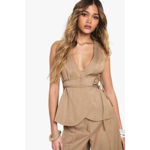 Gilet Ajusté Effet Lin Ceinturé - Beige - 44, Beige
