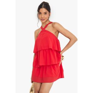 Robe Mini En Chiffon À Décolleté Halter Et Couches Superposées - Rouge - 38, Rouge