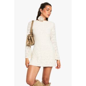 Robe Mini Burnout Floral À Manches Longues, Dos Échancré - Blanc Cassé - 38, Blanc Cassé