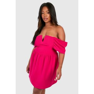 "Plus" Bardot Robe Skater À Épaules Tombantes - Rose Fuchsia - 50, Rose Fuchsia