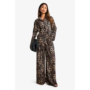 Ensemble Coordonné : Chemise Tissée Léopard Décontractée & Pantalon Large À Cordon De Serrage - Leopard - 38, Leopard