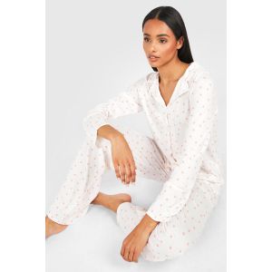 Ensemble Pyjama À Imprimé Pêche Pour Grande Taille - Chemise À Manches Longues Et Pantalon - Blanc - 46, Blanc