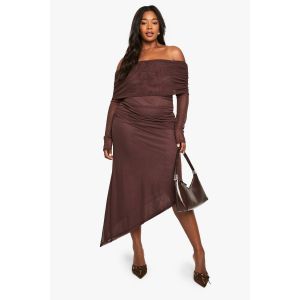 "Plus" Bardot Robe Maxi Taille "Plus" À Manches Longues Et Ourlet Asymetrique - Marron - 44, Marron