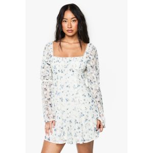 Robe Mini Fermière À Encolure Carrée À Motif Floral Texturé - Blanc Ivoire - 46, Blanc Ivoire