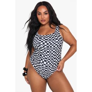 Maillot De Bain Grande Taille À Imprimé Damier Et Encolure Carrée - Monochrome - 54, Monochrome