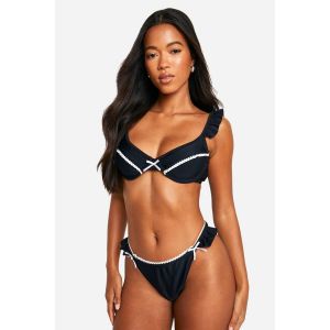 Bow Lace Detail Tanga Bikini Brief - Noir - 38, Noir