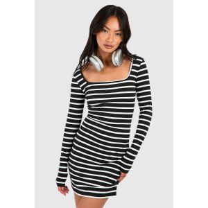 Robe Courte Premium À Col Carré Et Rayures - Noir - 46, Noir