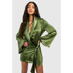 Robe Chemisier En Satin À Drapé - Vert Olive - 40, Vert Olive