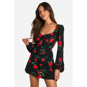 Mini Robe Laitière À Fleurs - Noir - 36, Noir