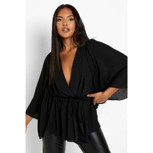 Blouse Peplum Enveloppante À Manches Angel Grande Taille - Noir - 50, Noir