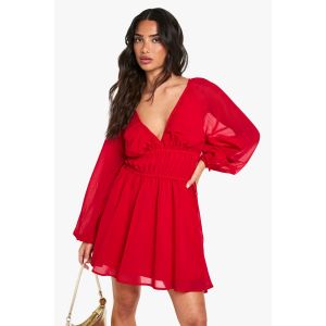 Robe Mini En Chiffon Avec Ceinture Nouée Et Manches Ballon - Rouge - 44, Rouge