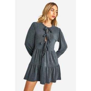 Robe Smock Côtelée À Nouer Sur Le Devant - Gris Anthracite - 36, Gris Anthracite
