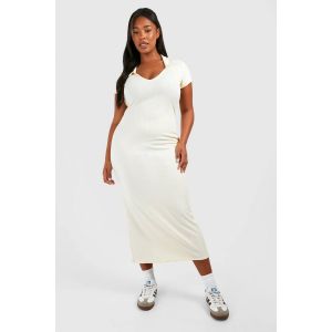 Grande Taille - Robe Mi-Longue Côtelée À Manches Courtes - Blanc Écru - 54, Blanc Écru