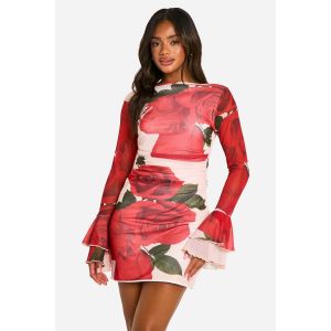 Robe Mini En Maille Imprimée Rose, Encolure Fendue, Manches Évasées - Rouge - 38, Rouge