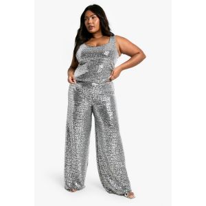boohoo Femmes Pantalon Large a Sequins Plus | Argent | Taille: 52