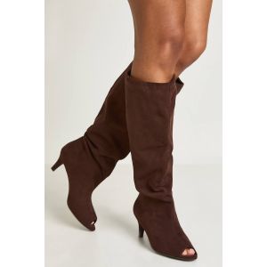 boohoo Femmes Bottes Hautes a Bout Ouvert en Synthetique avec Talon Aiguille Bas | Chocolat | Taille: 36